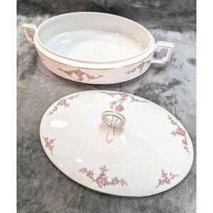 Vintage China Oval Covered Casserole Dish Pink Roses Gold Trim Serving Bowl